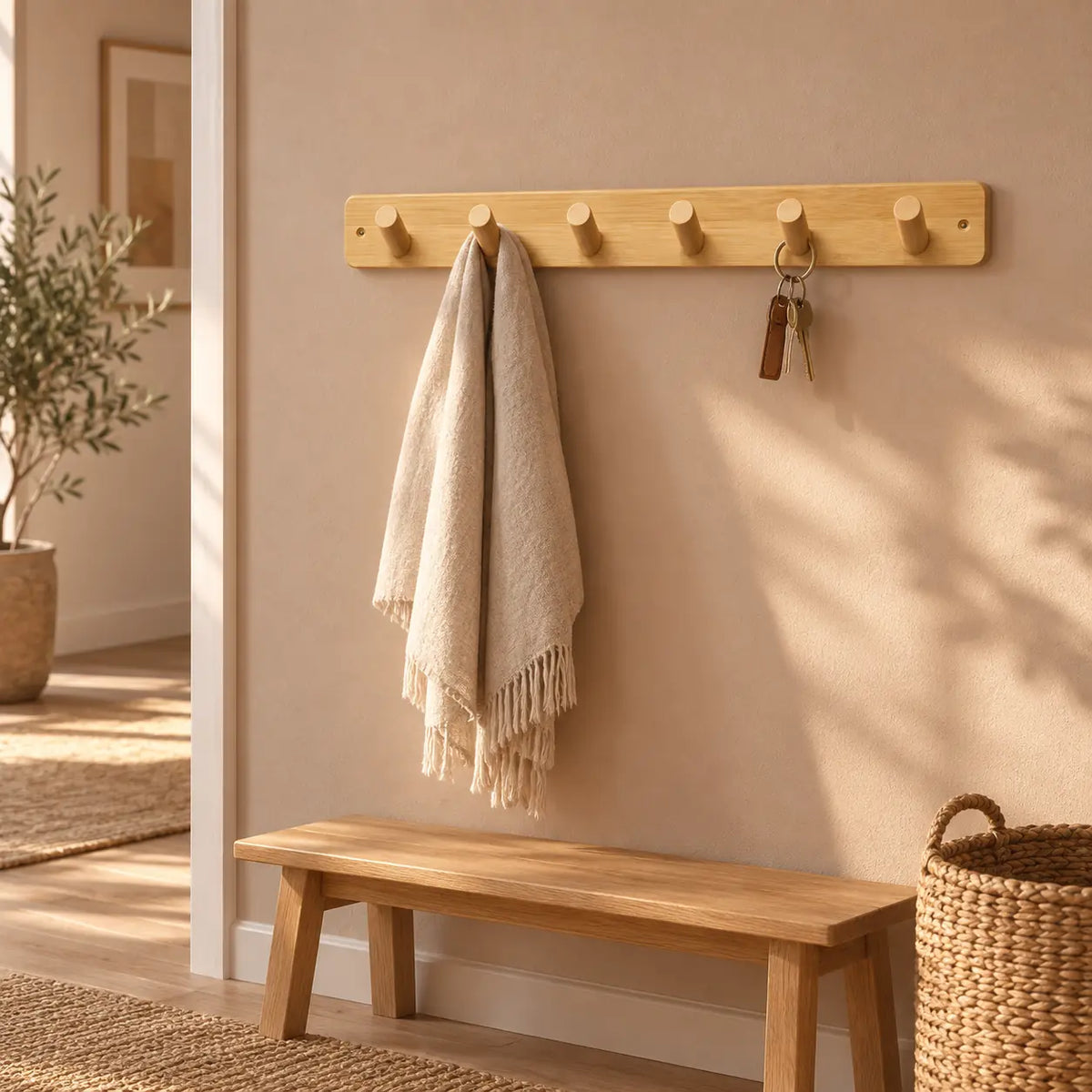 Porte-manteau mural bois 6 crochets 52 cm - ambiance dans une entrée contemporaine