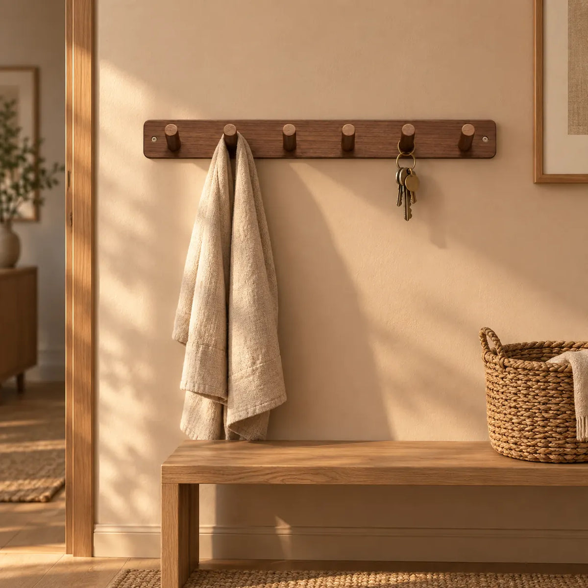 Porte-manteau mural noyer 6 crochets 52 cm - ambiance dans une entrée contemporaine