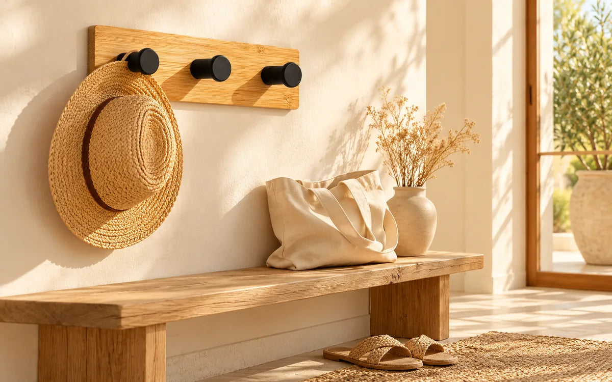 Entrée claire avec chapeau, sac en toile vide et petites chaussures Image