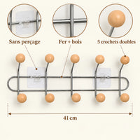 Crochet mural adhésif abricot M - 41 cm : fer et bois, fixation sans perçage et crochets doubles