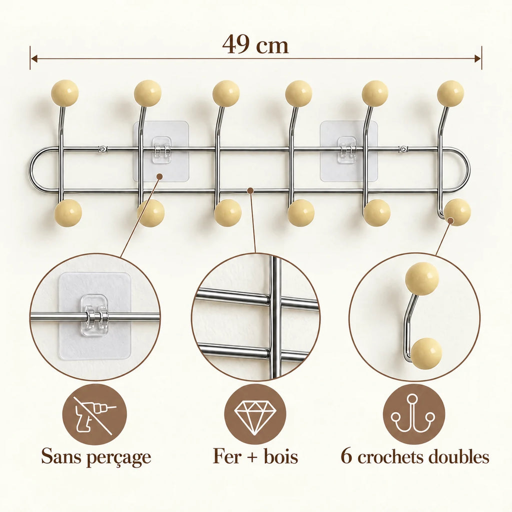 Crochet mural adhésif beige L - 49 cm : fer et bois, fixation sans perçage et crochets doubles