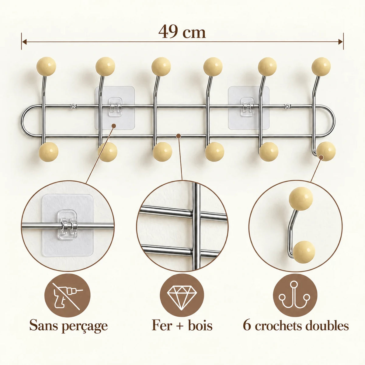 Crochet mural adhésif beige L - 49 cm : fer et bois, fixation sans perçage et crochets doubles