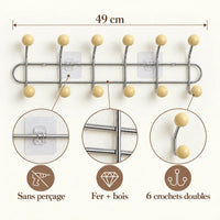 Crochet mural adhésif beige L - 49 cm : fer et bois, fixation sans perçage et crochets doubles