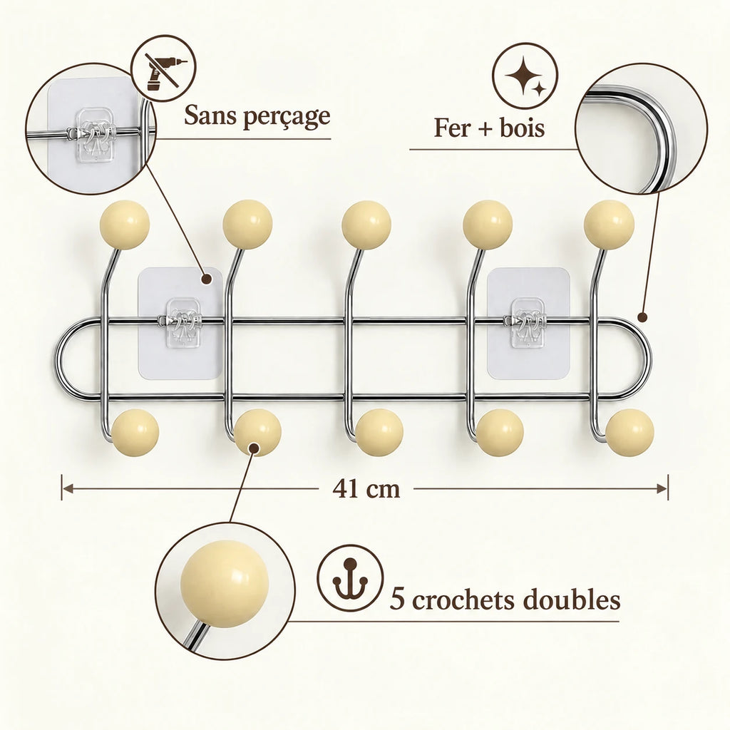 Crochet mural adhésif beige M - 41 cm : fer et bois, fixation sans perçage et crochets doubles