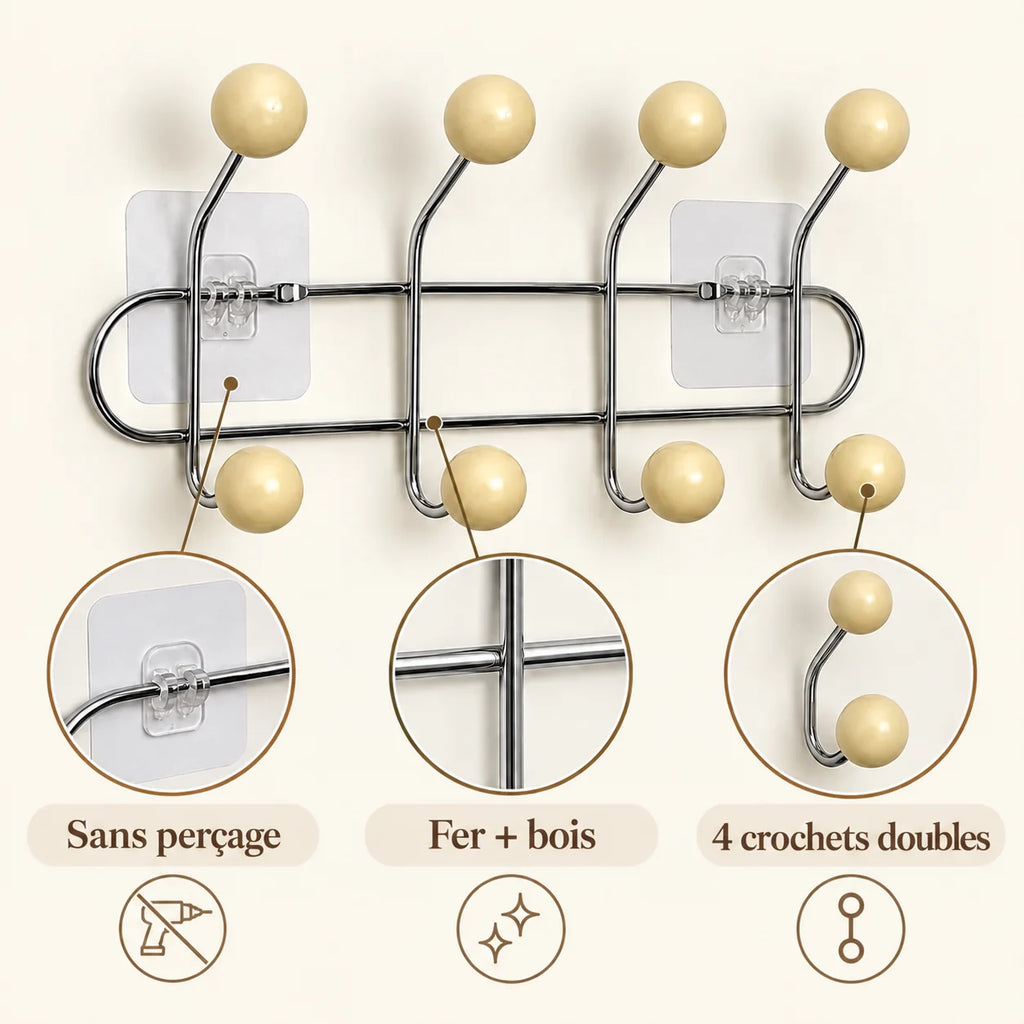Crochet mural adhésif beige S - 33 cm : fer et bois, fixation sans perçage et crochets doubles
