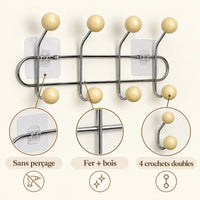 Crochet mural adhésif beige S - 33 cm : fer et bois, fixation sans perçage et crochets doubles