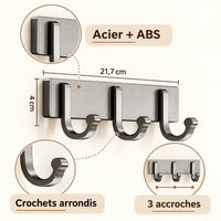 Crochet mural gris 3 crochets - 21,7 cm : acier et ABS, crochets arrondis et dimensions