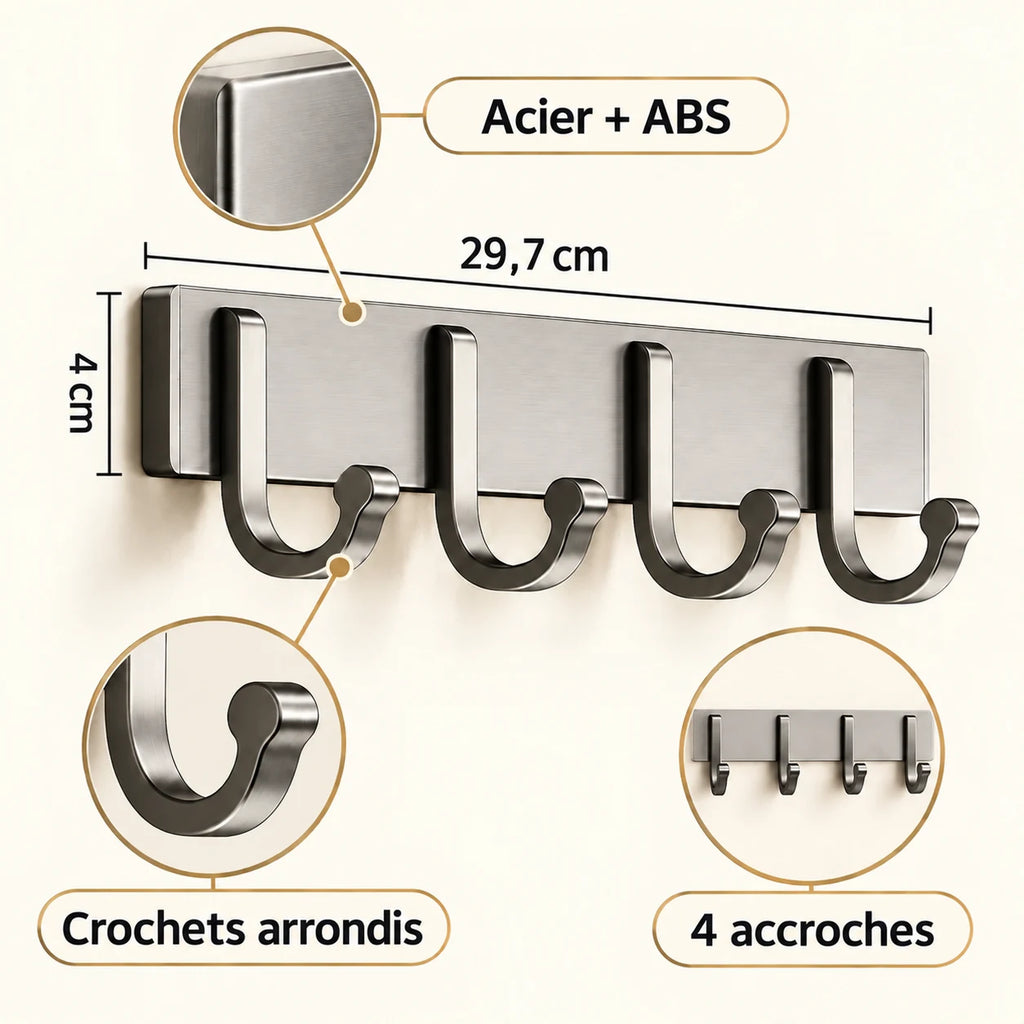 Crochet mural gris 4 crochets - 29,7 cm : acier et ABS, crochets arrondis et dimensions