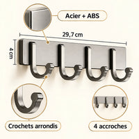 Crochet mural gris 4 crochets - 29,7 cm : acier et ABS, crochets arrondis et dimensions