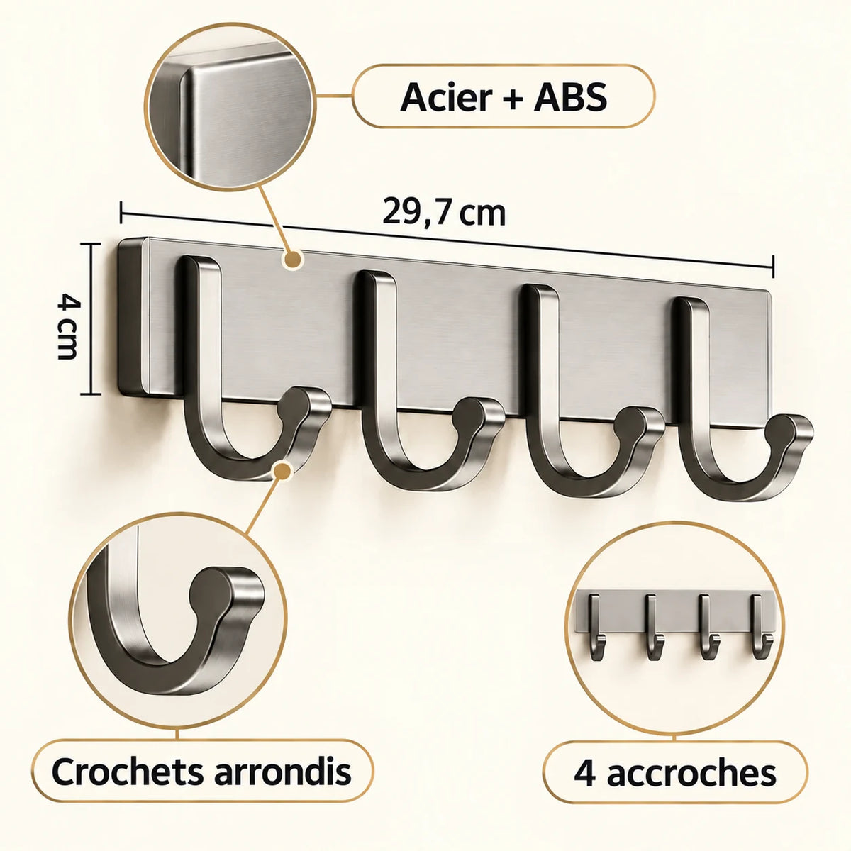 Crochet mural gris 4 crochets - 29,7 cm : acier et ABS, crochets arrondis et dimensions