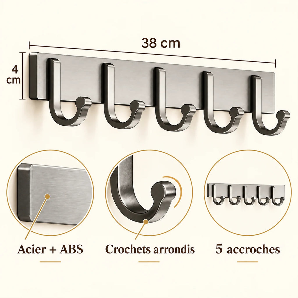 Crochet mural gris 5 crochets - 38 cm : acier et ABS, crochets arrondis et dimensions