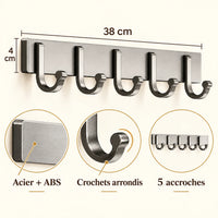 Crochet mural gris 5 crochets - 38 cm : acier et ABS, crochets arrondis et dimensions