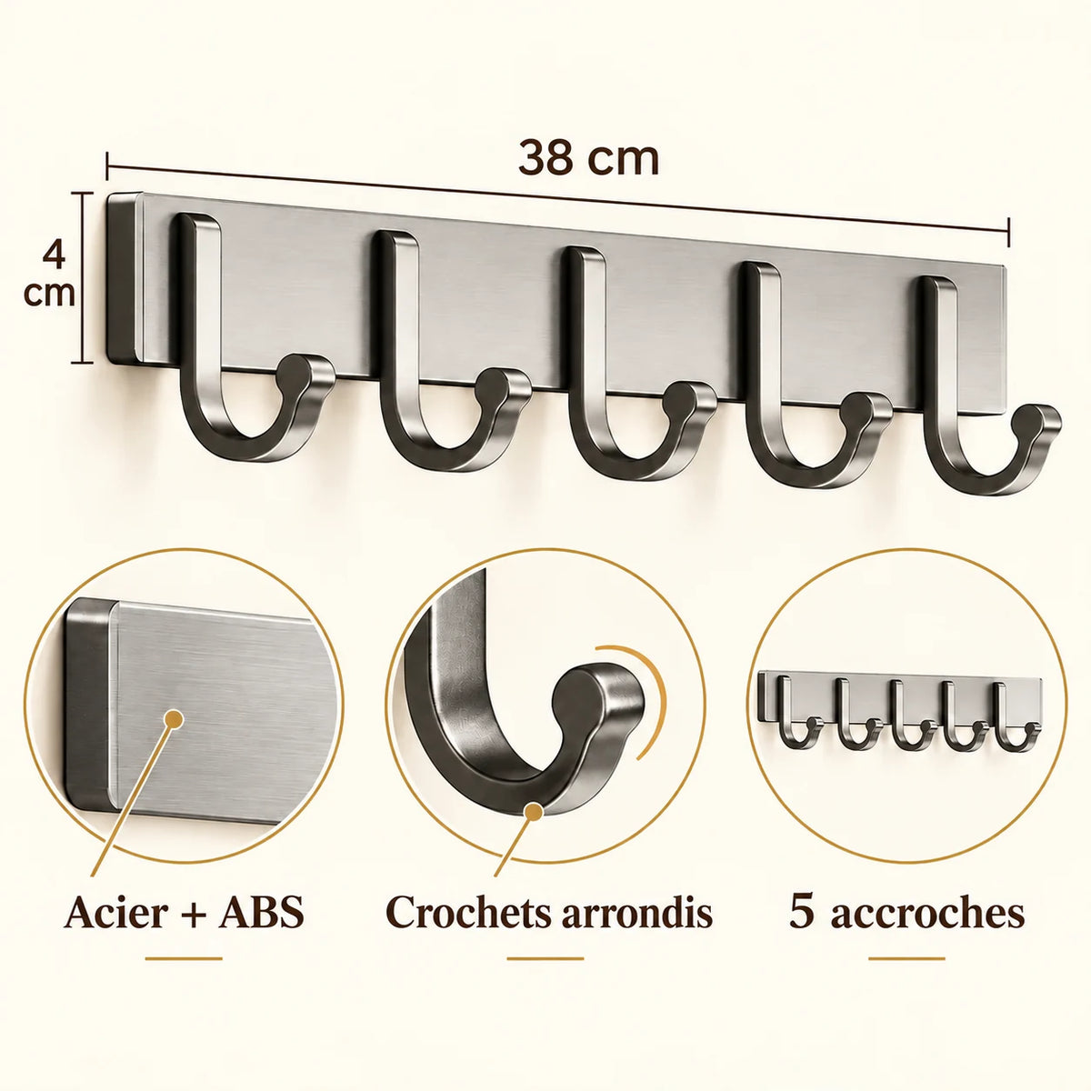 Crochet mural gris 5 crochets - 38 cm : acier et ABS, crochets arrondis et dimensions