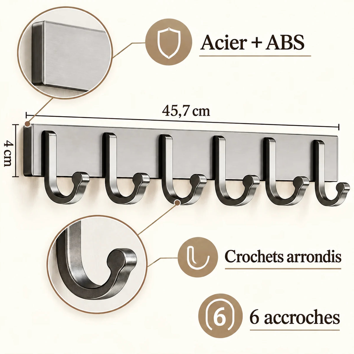 Crochet mural gris 6 crochets - 45,7 cm : acier et ABS, crochets arrondis et dimensions