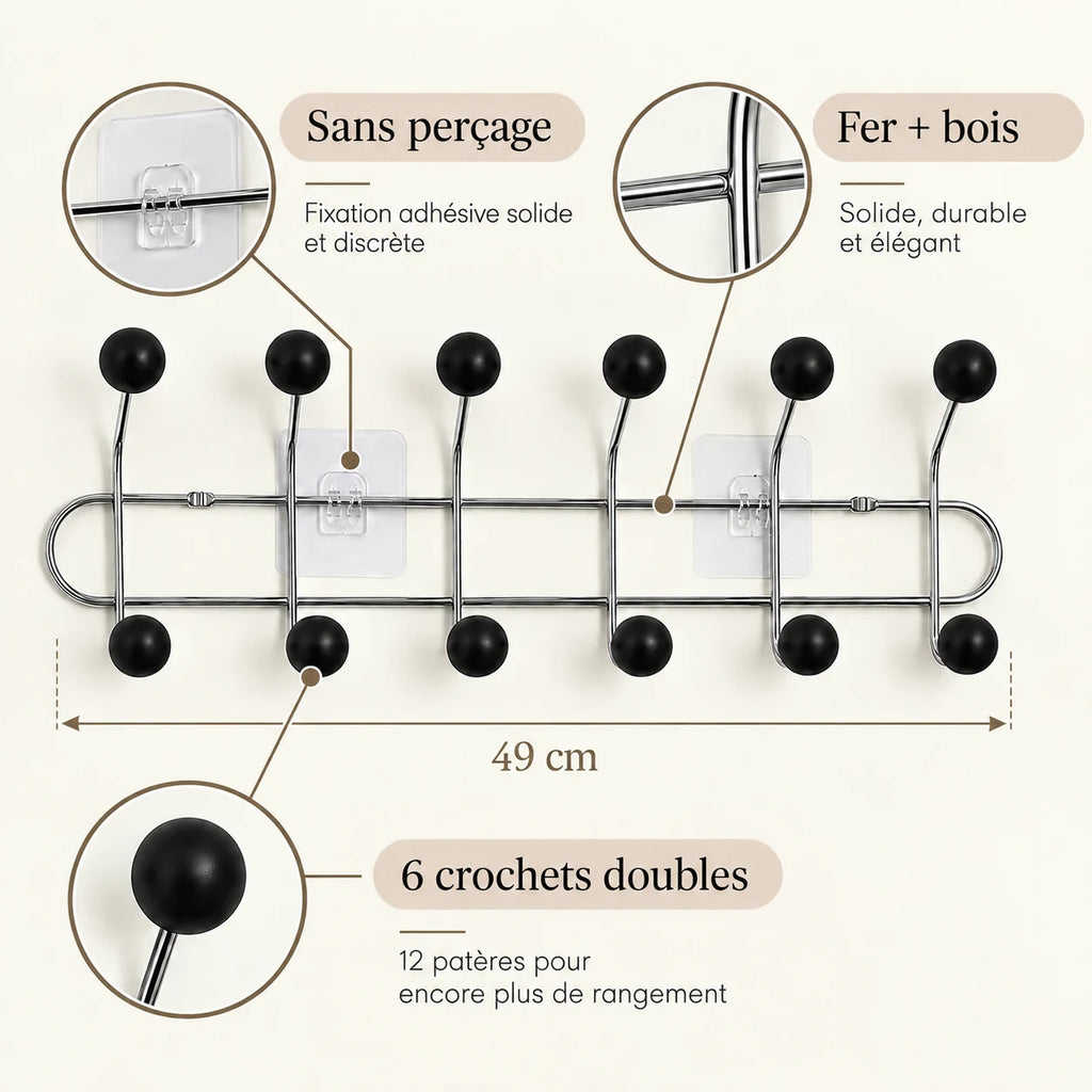 Crochet mural adhésif noir bois L - 49 cm : fer et bois, fixation sans perçage et crochets doubles