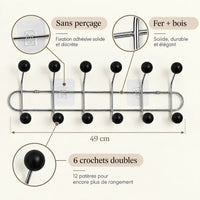 Crochet mural adhésif noir bois L - 49 cm : fer et bois, fixation sans perçage et crochets doubles
