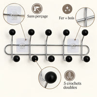 Crochet mural adhésif noir bois M - 41 cm : fer et bois, fixation sans perçage et crochets doubles