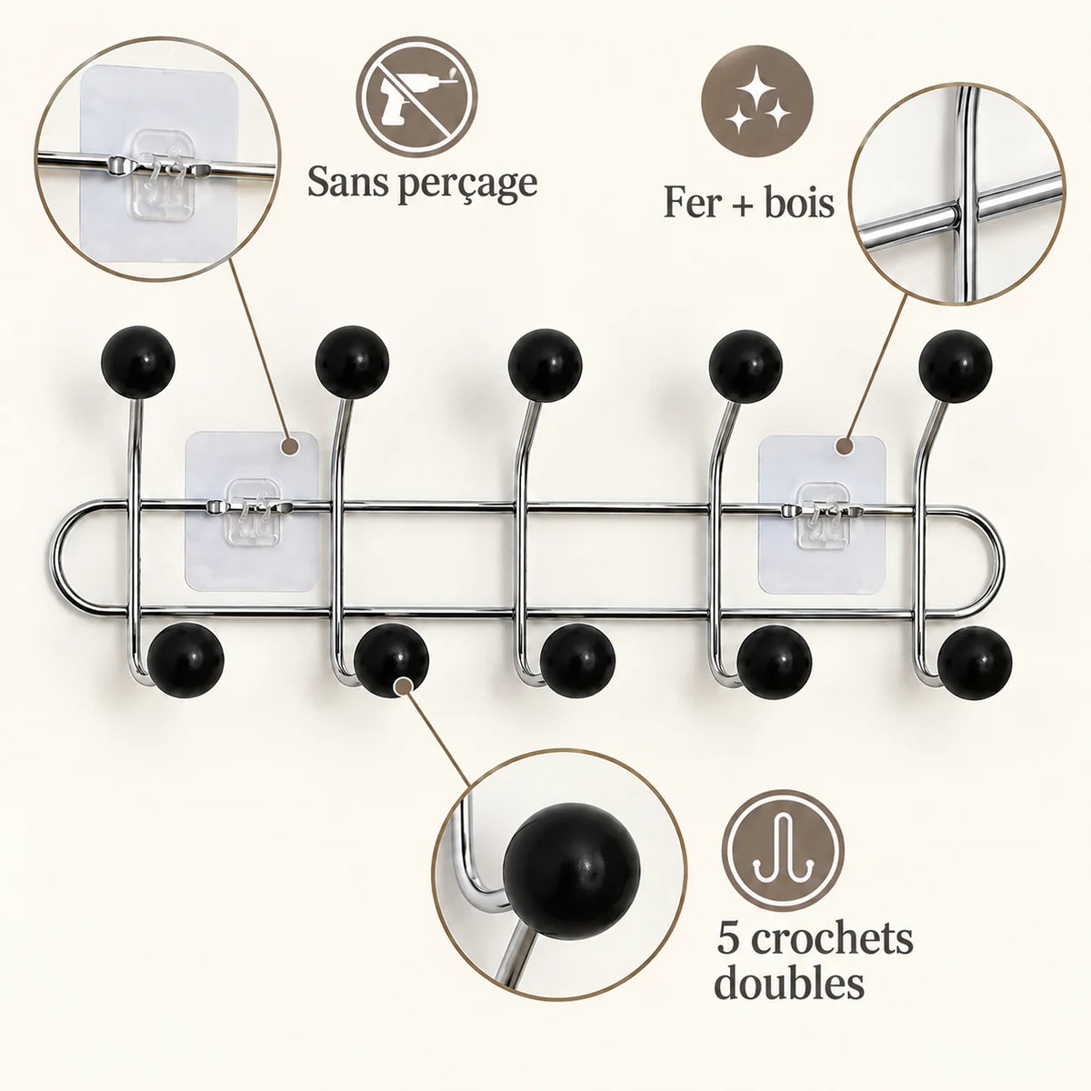 Crochet mural adhésif noir bois M - 41 cm : fer et bois, fixation sans perçage et crochets doubles