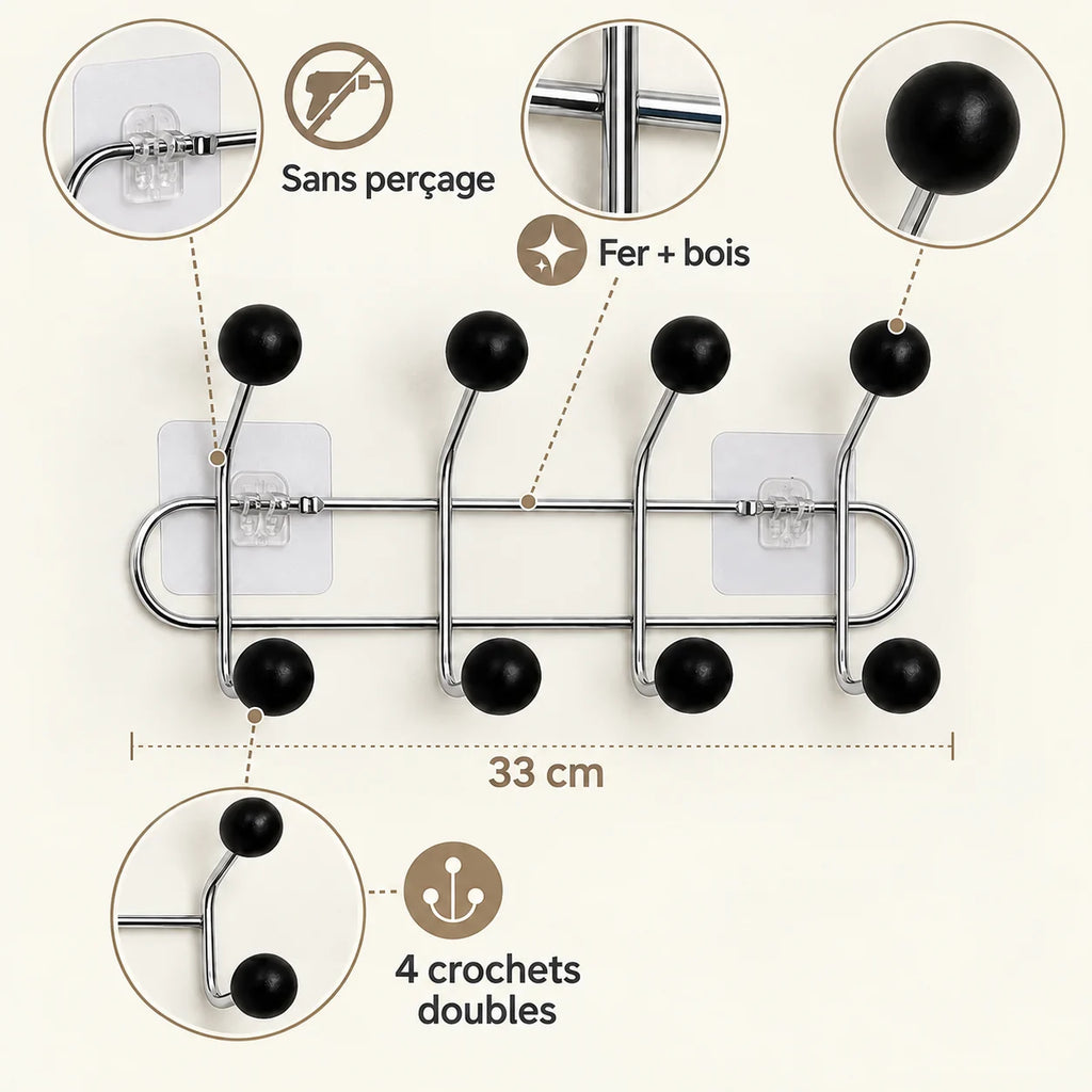 Crochet mural adhésif noir bois S - 33 cm : fer et bois, fixation sans perçage et crochets doubles