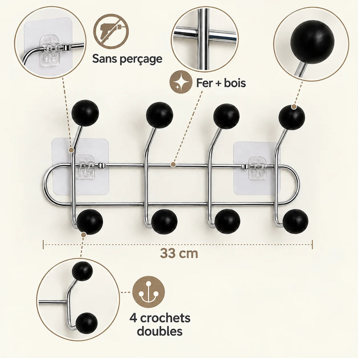 Crochet mural adhésif noir bois S - 33 cm : fer et bois, fixation sans perçage et crochets doubles