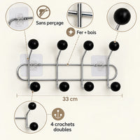 Crochet mural adhésif noir bois S - 33 cm : fer et bois, fixation sans perçage et crochets doubles