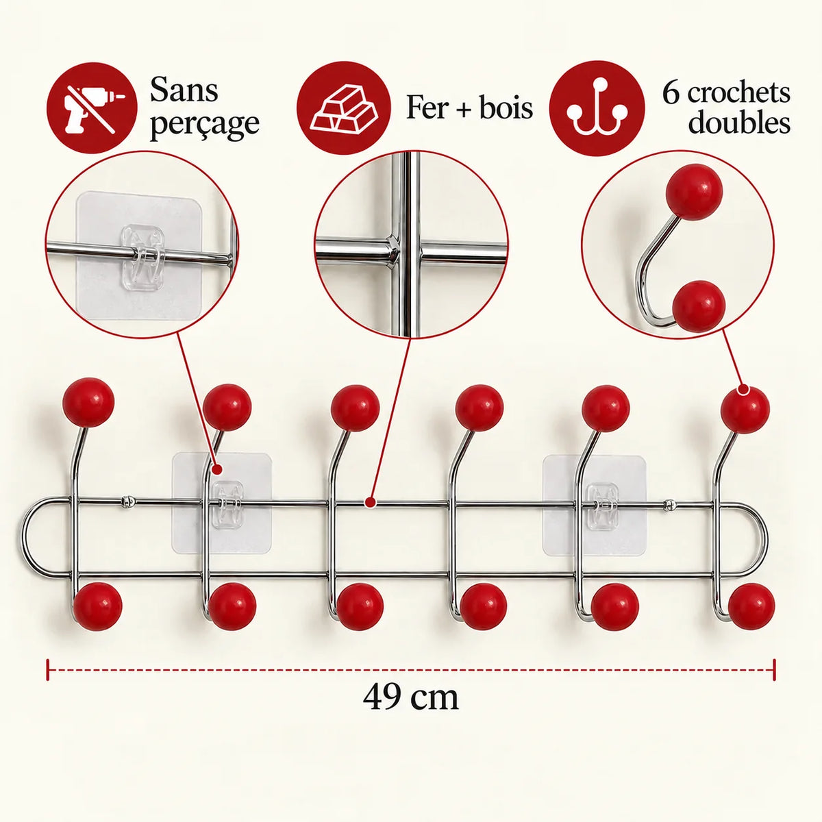 Crochet mural adhésif rouge L - 49 cm : fer et bois, fixation sans perçage et crochets doubles
