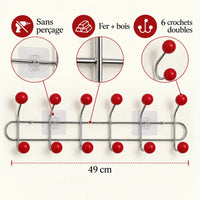 Crochet mural adhésif rouge L - 49 cm : fer et bois, fixation sans perçage et crochets doubles