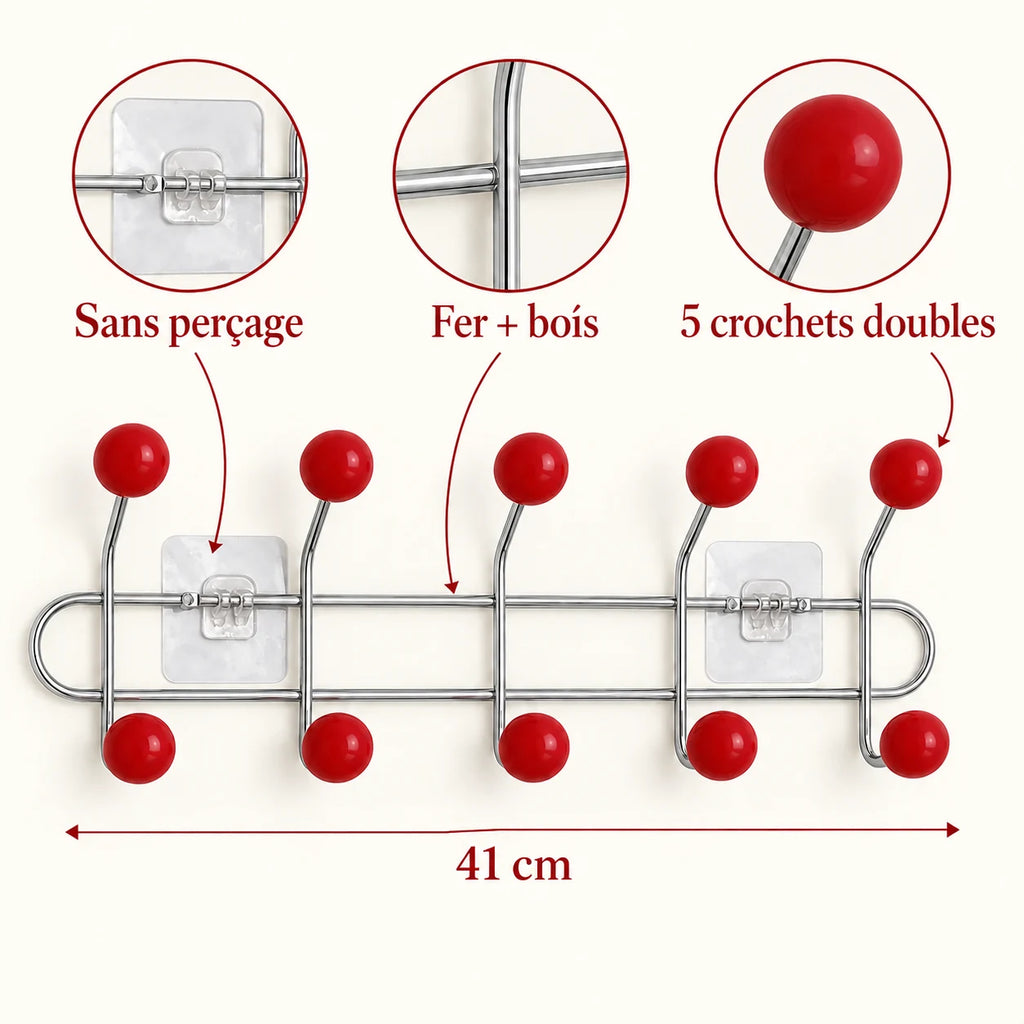 Crochet mural adhésif rouge M - 41 cm : fer et bois, fixation sans perçage et crochets doubles