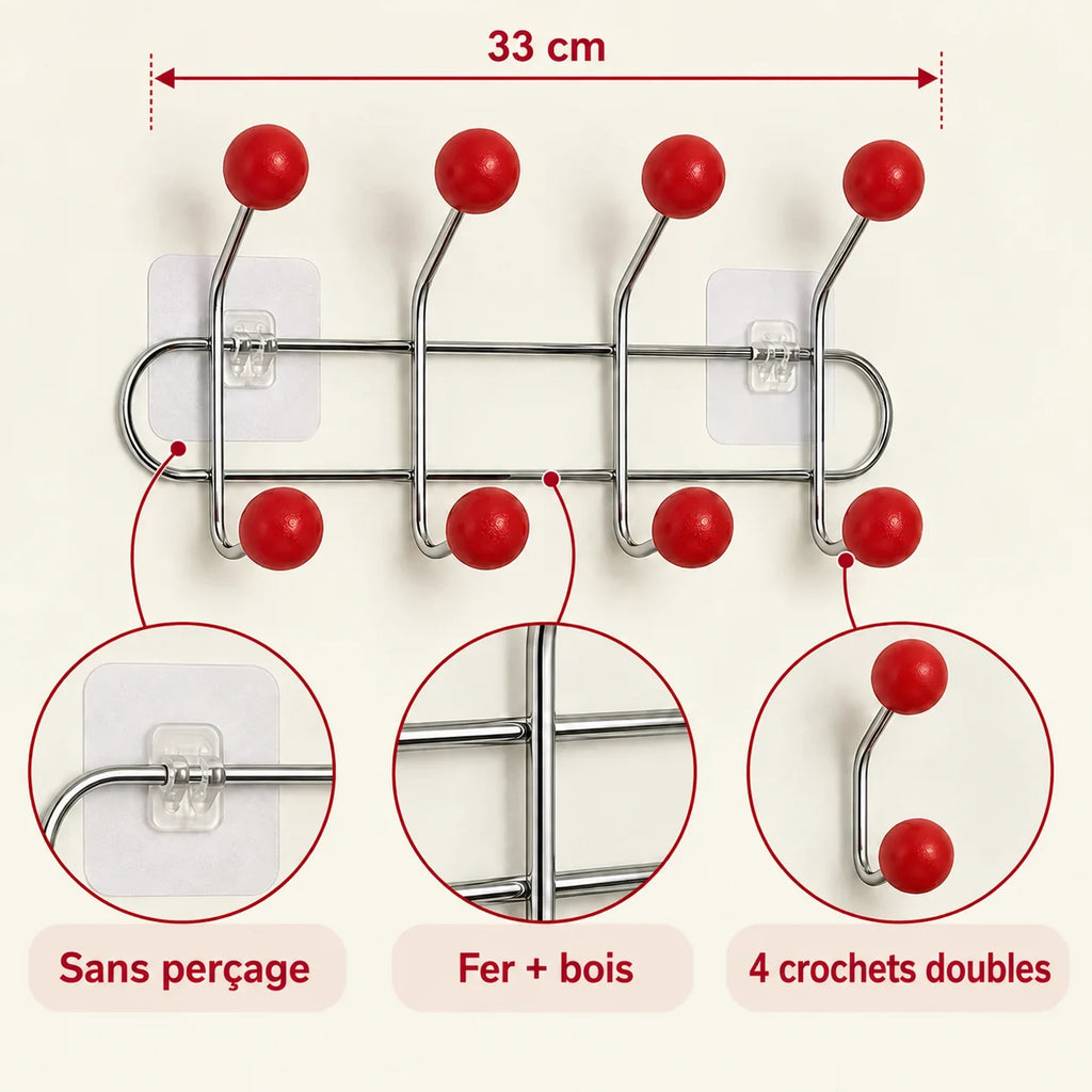Crochet mural adhésif rouge S - 33 cm : fer et bois, fixation sans perçage et crochets doubles