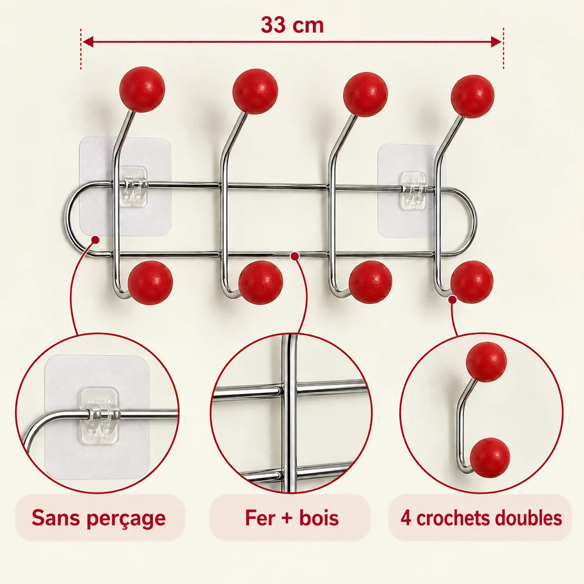 Crochet mural adhésif rouge S - 33 cm : fer et bois, fixation sans perçage et crochets doubles