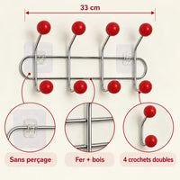 Crochet mural adhésif rouge S - 33 cm : fer et bois, fixation sans perçage et crochets doubles