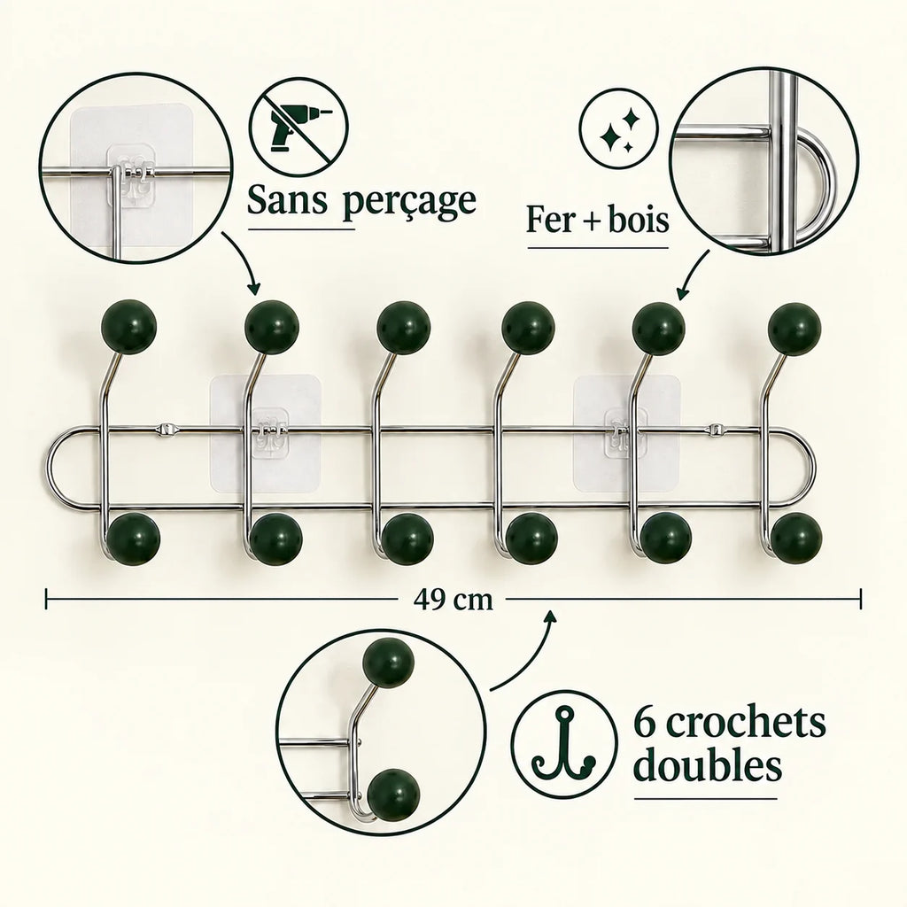 Crochet mural adhésif vert foncé L - 49 cm : fer et bois, fixation sans perçage et crochets doubles