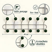 Crochet mural adhésif vert foncé L - 49 cm : fer et bois, fixation sans perçage et crochets doubles