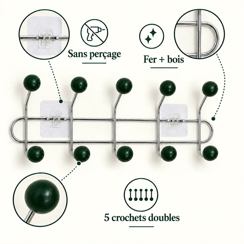Crochet mural adhésif vert foncé M - 41 cm : fer et bois, fixation sans perçage et crochets doubles