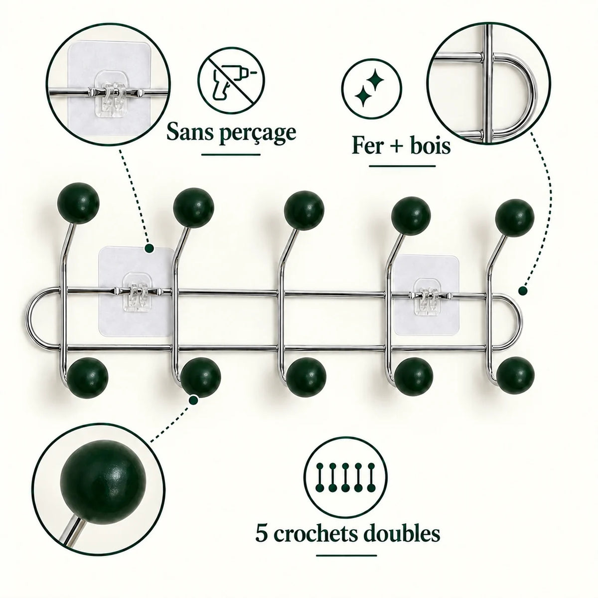 Crochet mural adhésif vert foncé M - 41 cm : fer et bois, fixation sans perçage et crochets doubles