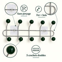 Crochet mural adhésif vert foncé M - 41 cm : fer et bois, fixation sans perçage et crochets doubles