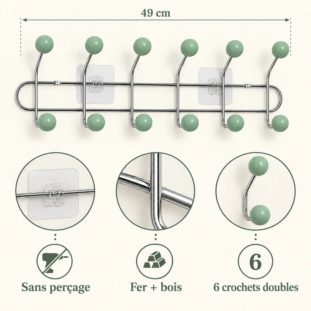 Crochet mural adhésif vert menthe L - 49 cm : fer et bois, fixation sans perçage et crochets doubles