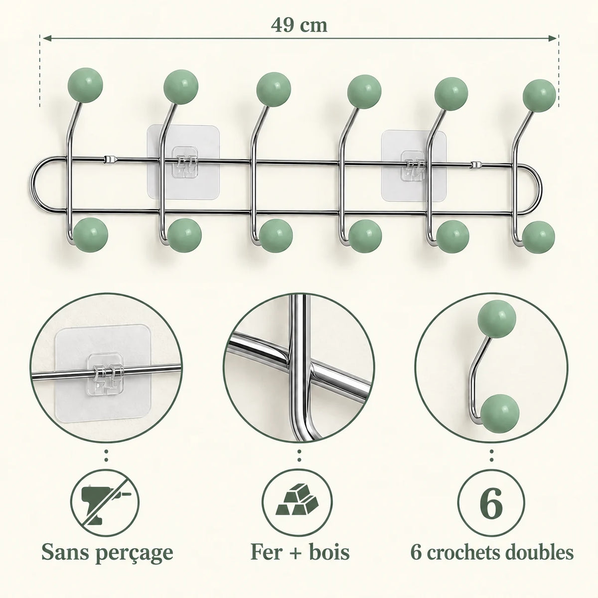 Crochet mural adhésif vert menthe L - 49 cm : fer et bois, fixation sans perçage et crochets doubles