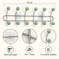 Crochet mural adhésif vert menthe L - 49 cm : fer et bois, fixation sans perçage et crochets doubles