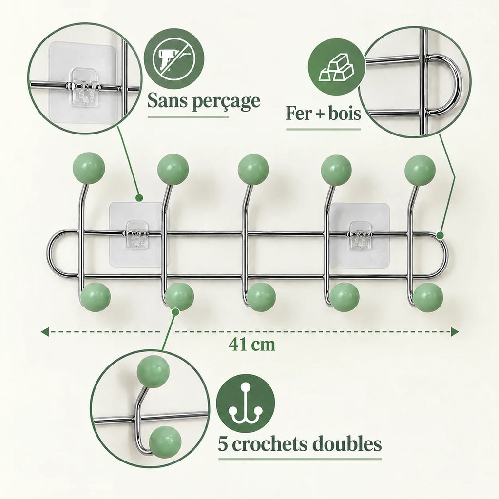 Crochet mural adhésif vert menthe M - 41 cm : fer et bois, fixation sans perçage et crochets doubles