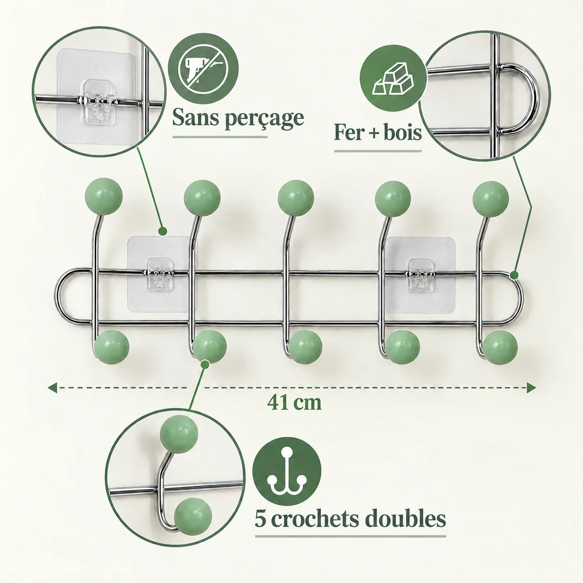 Crochet mural adhésif vert menthe M - 41 cm : fer et bois, fixation sans perçage et crochets doubles