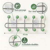 Crochet mural adhésif vert menthe M - 41 cm : fer et bois, fixation sans perçage et crochets doubles