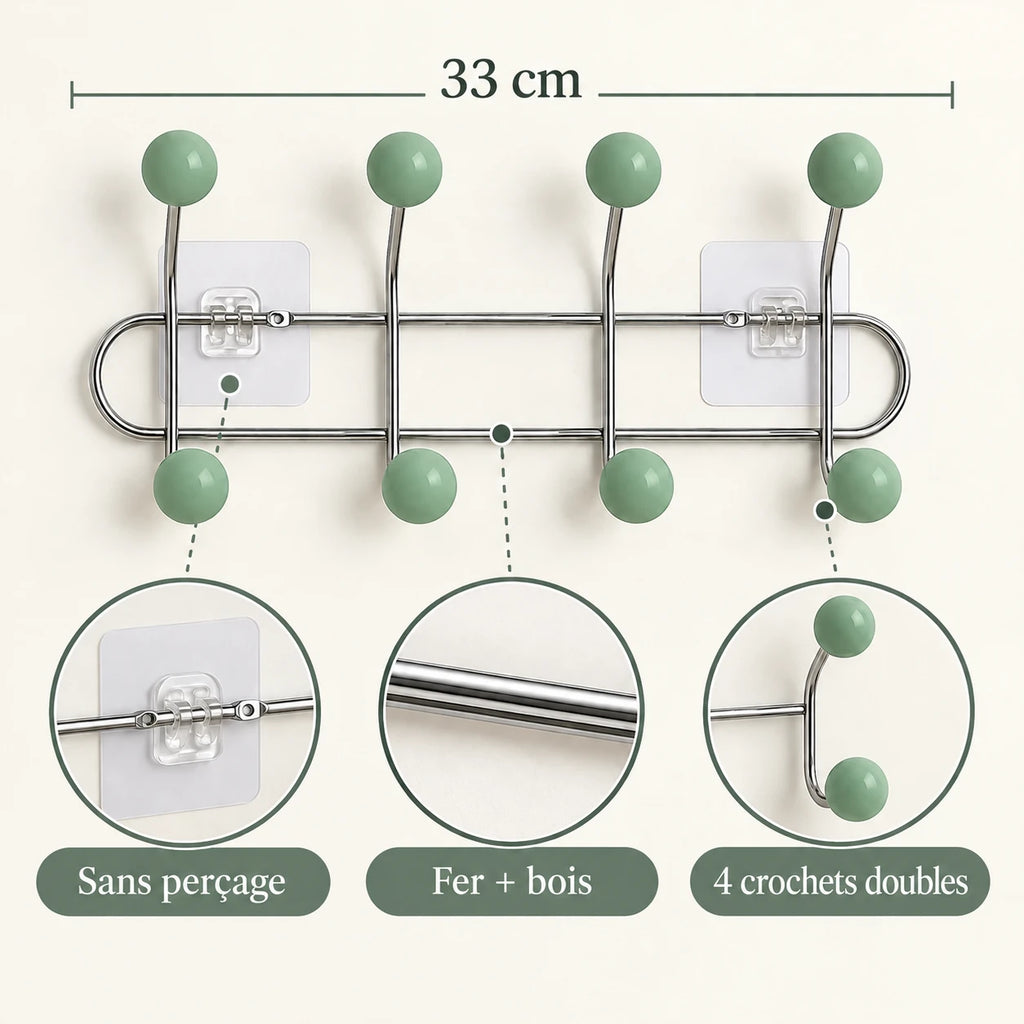 Crochet mural adhésif vert menthe S - 33 cm : fer et bois, fixation sans perçage et crochets doubles