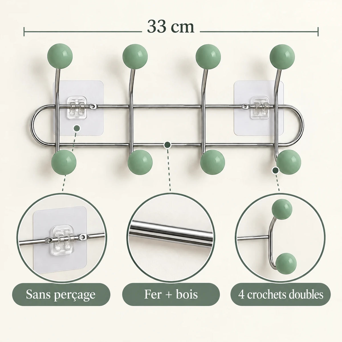 Crochet mural adhésif vert menthe S - 33 cm : fer et bois, fixation sans perçage et crochets doubles