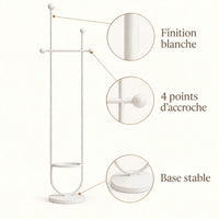 Portant sur pied design métal blanc 190 cm : finition, quatre points d'accroche et base stable