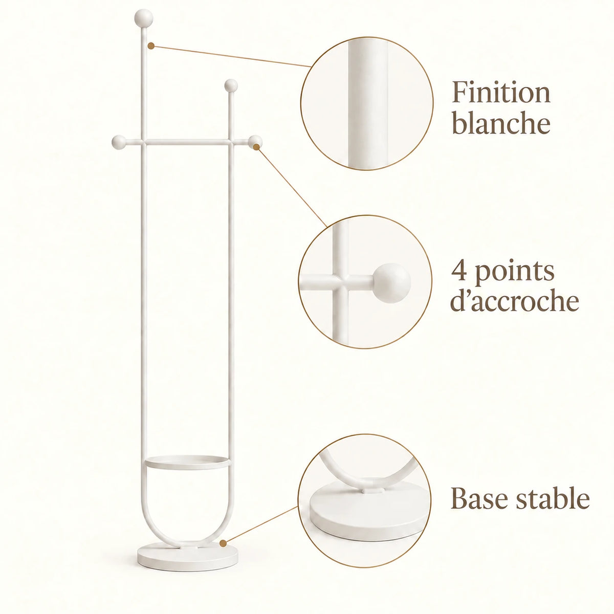 Portant sur pied design métal blanc 190 cm : finition, quatre points d'accroche et base stable