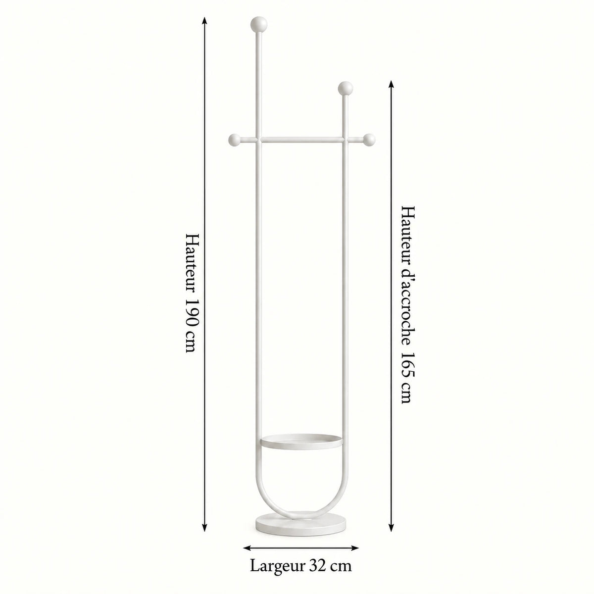 Portant sur pied design métal blanc 190 cm : dimensions 190 cm, hauteur d'accroche 165 cm et largeur 32 cm