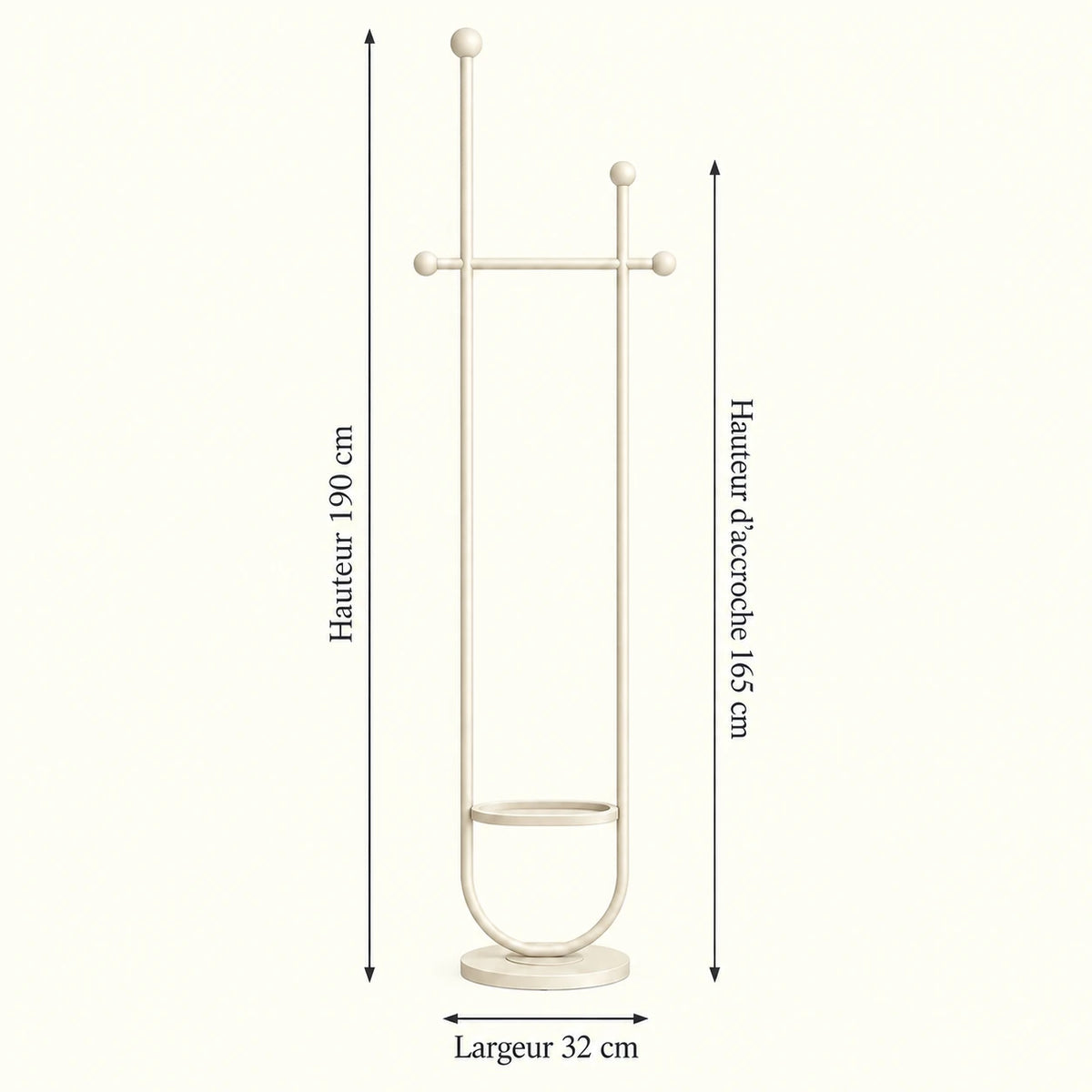 Portant sur pied design métal blanc cassé 190 cm : dimensions 190 cm, hauteur d'accroche 165 cm et largeur 32 cm