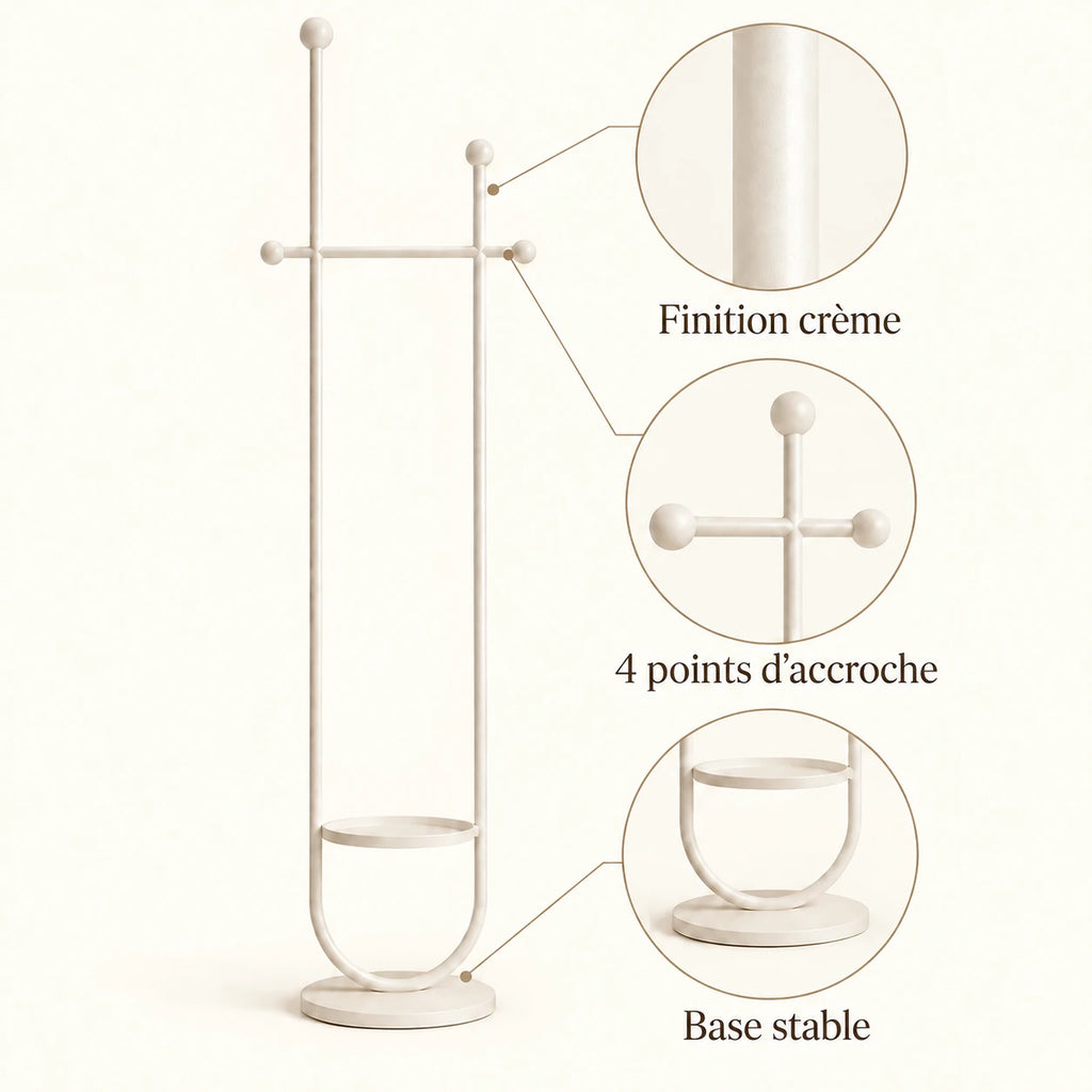 Portant sur pied design métal blanc crème 190 cm : finition, quatre points d'accroche et base stable