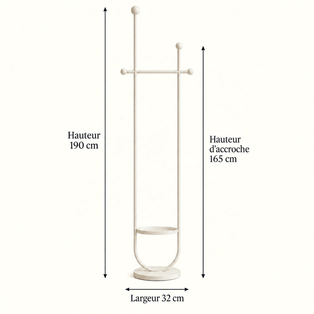 Portant sur pied design métal blanc crème 190 cm : dimensions 190 cm, hauteur d'accroche 165 cm et largeur 32 cm